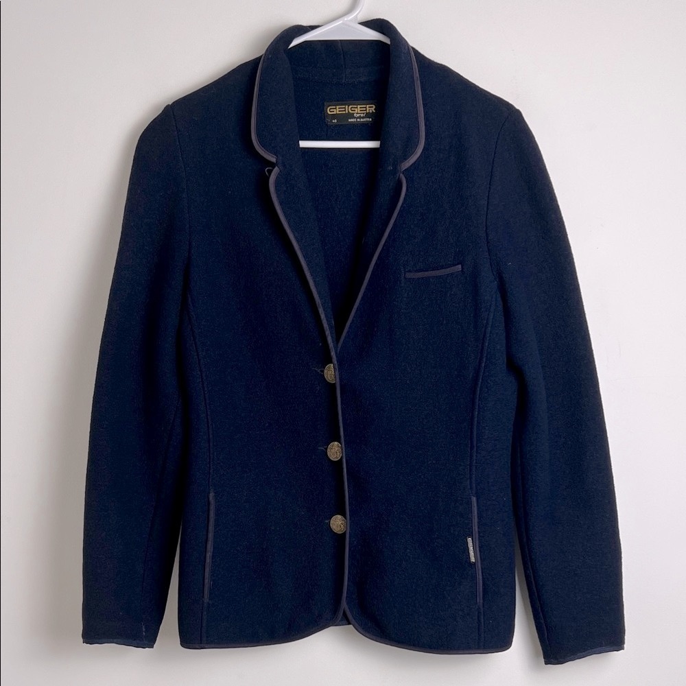 Vintage GEIGER Tyrol Women's Dark Blue Boiled Wool 3 Bronze Button Jacket Sz 40